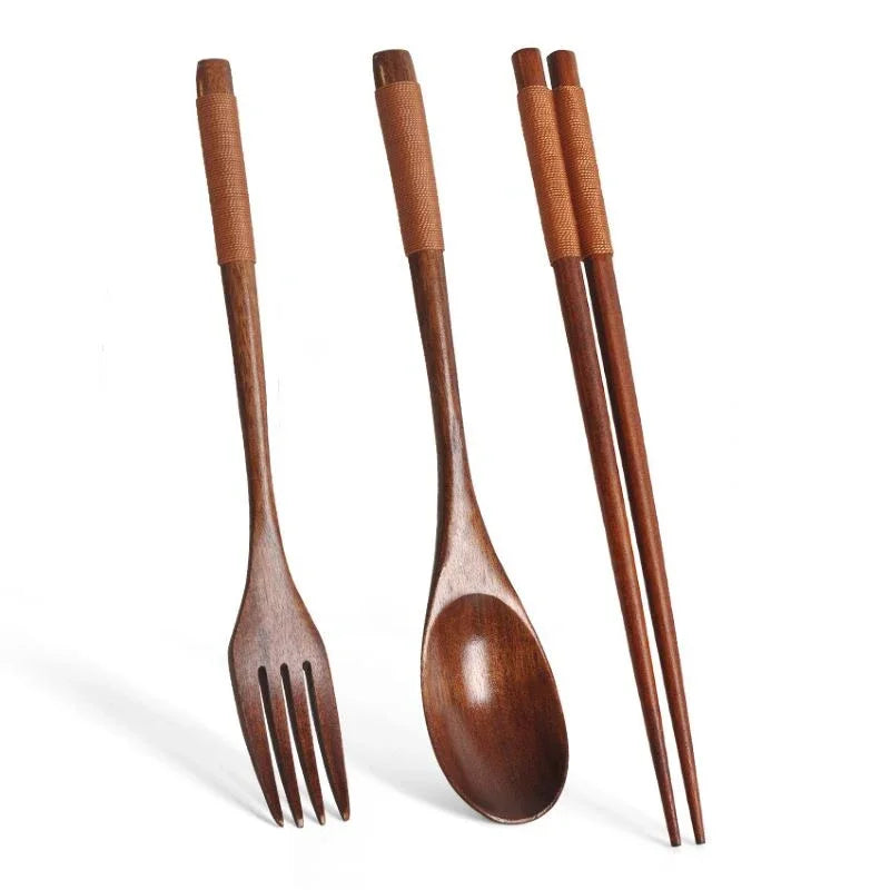 3-Piece Portable Bamboo Cutlery Set - Eco-Friendly Reusable Wooden Spoon, Fork & Chopsticks for Travel