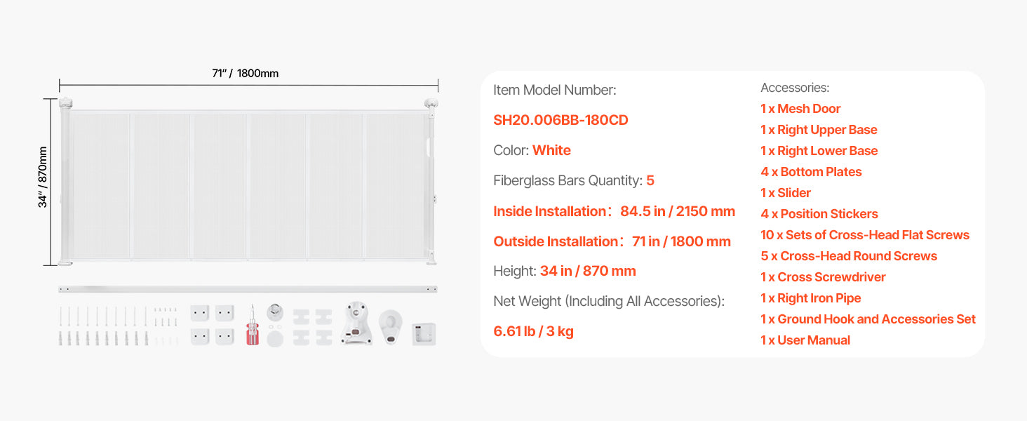 SucceBuy Retractable Baby & Pet Gate | Soft Mesh, 34" Tall | Anti-Crawl Bottom Strip | 55–110 Inches Wide