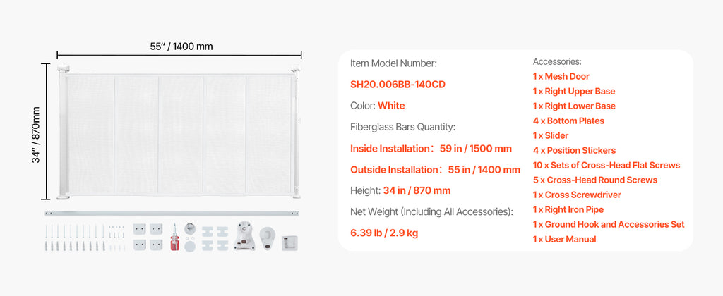 SucceBuy Retractable Baby & Pet Gate | Soft Mesh, 34" Tall | Anti-Crawl Bottom Strip | 55–110 Inches Wide