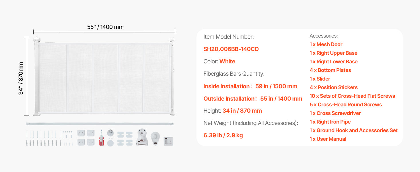 SucceBuy Retractable Baby & Pet Gate | Soft Mesh, 34" Tall | Anti-Crawl Bottom Strip | 55–110 Inches Wide