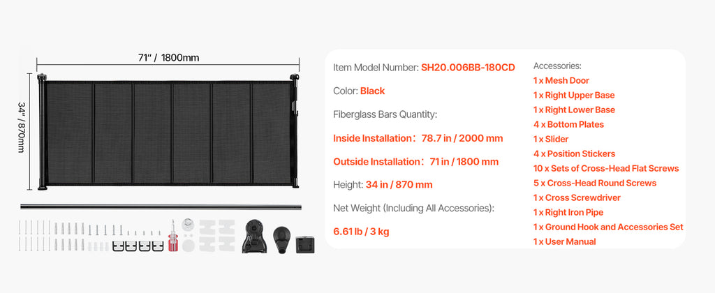 SucceBuy Retractable Baby & Pet Gate | Soft Mesh, 34" Tall | Anti-Crawl Bottom Strip | 55–110 Inches Wide
