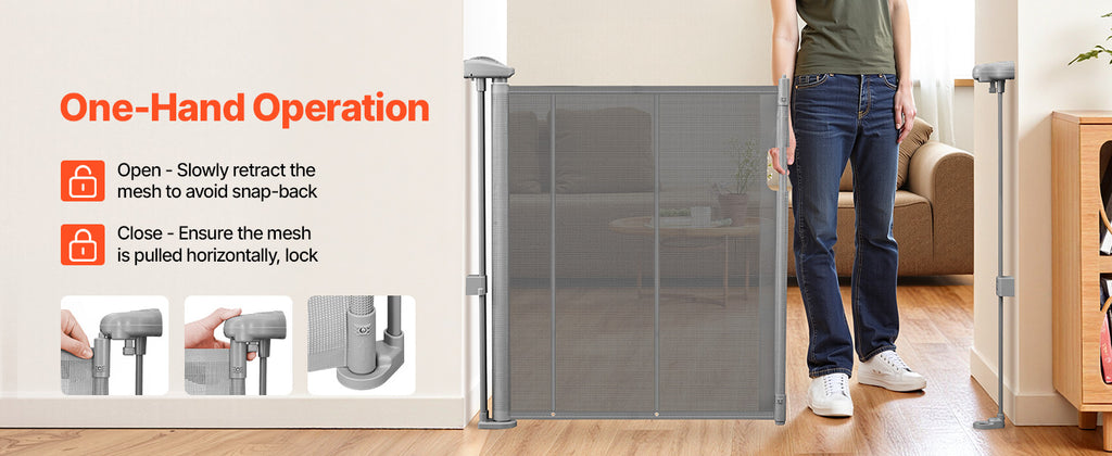 SucceBuy Retractable Baby & Pet Gate | Soft Mesh, 34" Tall | Anti-Crawl Bottom Strip | 55–110 Inches Wide
