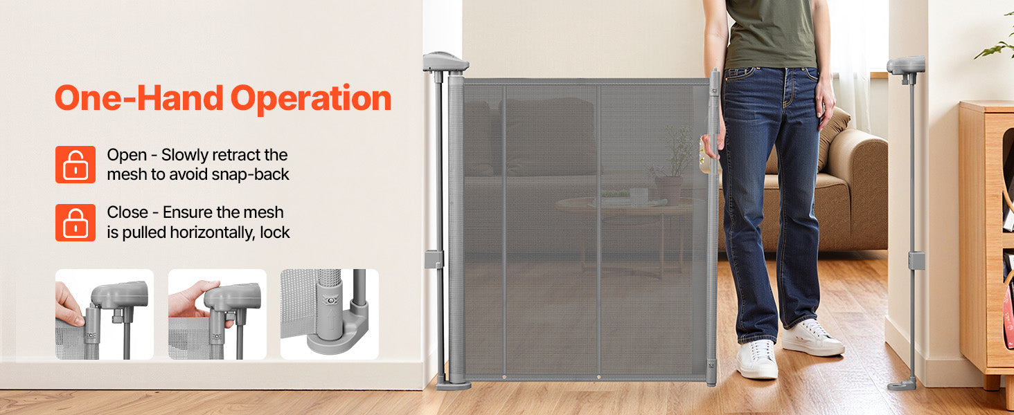SucceBuy Retractable Baby & Pet Gate | Soft Mesh, 34" Tall | Anti-Crawl Bottom Strip | 55–110 Inches Wide