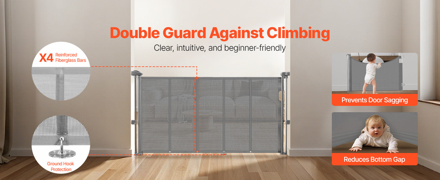 SucceBuy Retractable Baby & Pet Gate | Soft Mesh, 34" Tall | Anti-Crawl Bottom Strip | 55–110 Inches Wide