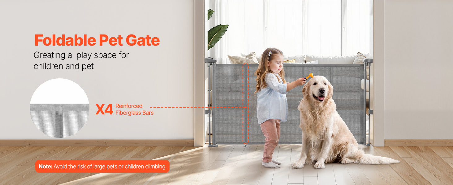 SucceBuy Retractable Baby & Pet Gate | Soft Mesh, 34" Tall | Anti-Crawl Bottom Strip | 55–110 Inches Wide